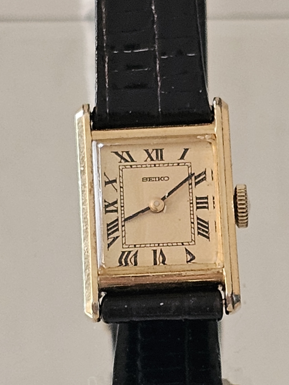 Seiko Gold Rectangular Dress Watch with Black Leather Strap